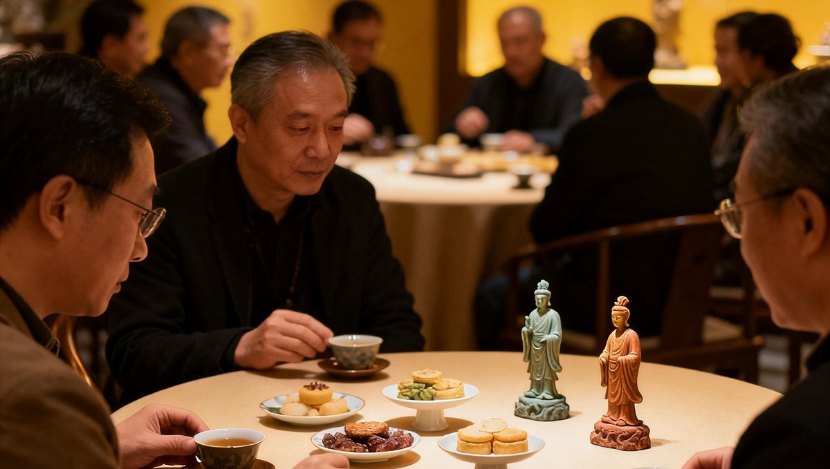 一场私人收藏家定制沙龙的现场场景，圆桌周围坐着十余位藏家，桌上摆放着精致茶点与几件小型雕塑艺术品，灯光柔和，气氛专注而融洽。
