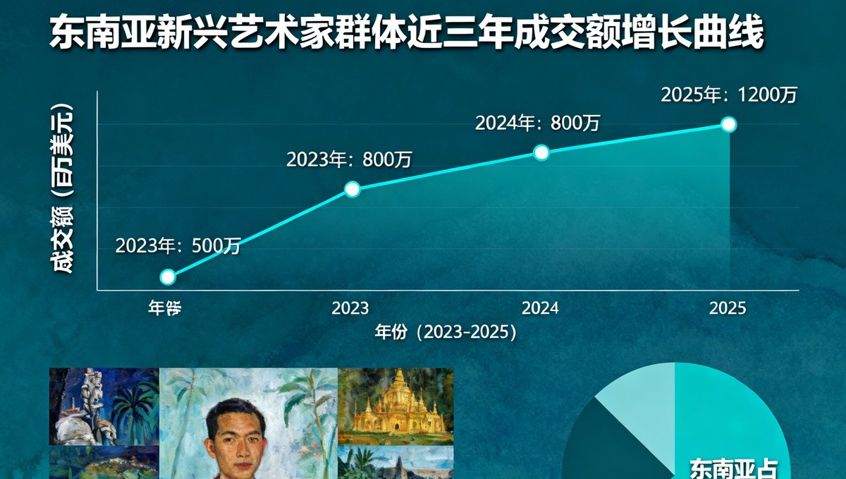 2025年秋季拍卖季亚洲当代艺术板块的专题分析图表，展示了东南亚新兴艺术家群体在近三年拍卖市场中的成交额增长曲线。
